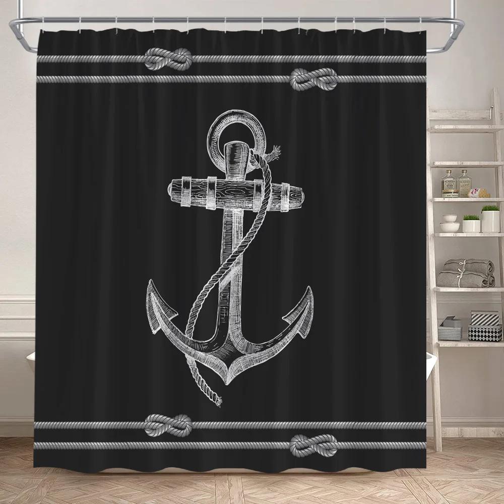 Blue And White Striped Shower Curtain Modern Geometric Nautical Anchor Bath Curtains Polyester Fabric Bathroom Decor with Hooks