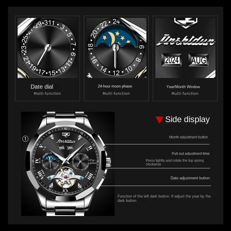 JINSHIDUN Multi-functional Men's Watch Men's Trend Double Calendar Ceramic Waterproof Automatic Mechanical Watch