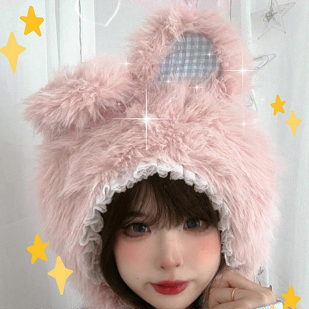 Lovely Rabbits Ear Hat for Teens Furry Plush Trapper Hat for Women Outdoor Headwear Camping Walking Coldproof Earflap Caps Pink