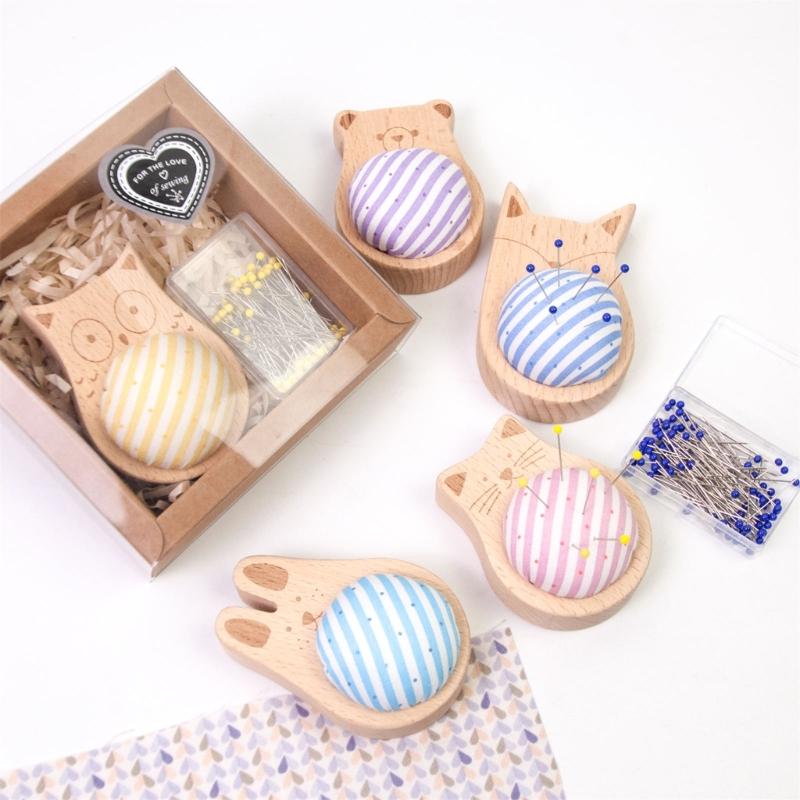 Pin Holder Wood Pin Cushion with 100Pcs 38mm Long Straight Sewing Pin for Fabric Sewing Dressmaking Needlework