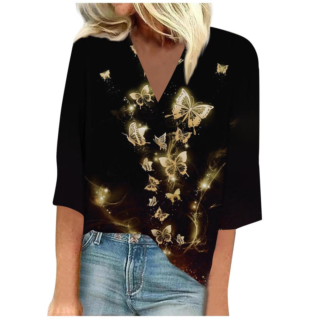 Women's Shirt Blouse Casual Loose Shirts 3/4 Sleeve Print V Neck Tops Print Tops T-shirts Tee