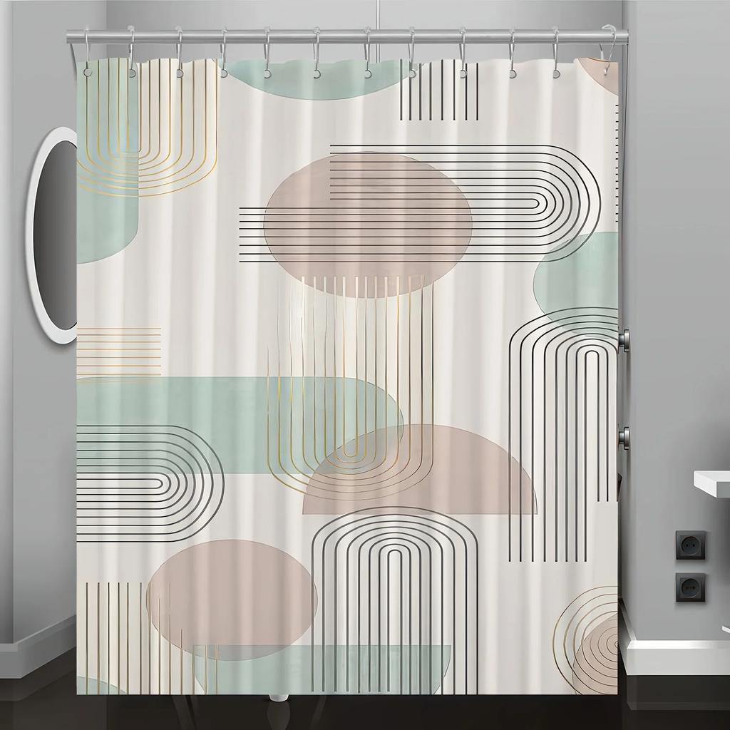 1 Elegant Geometric Print Shower Curtain - Light Beige with Soft Circles and Lines, Polyester Machine Washable, Hook Included