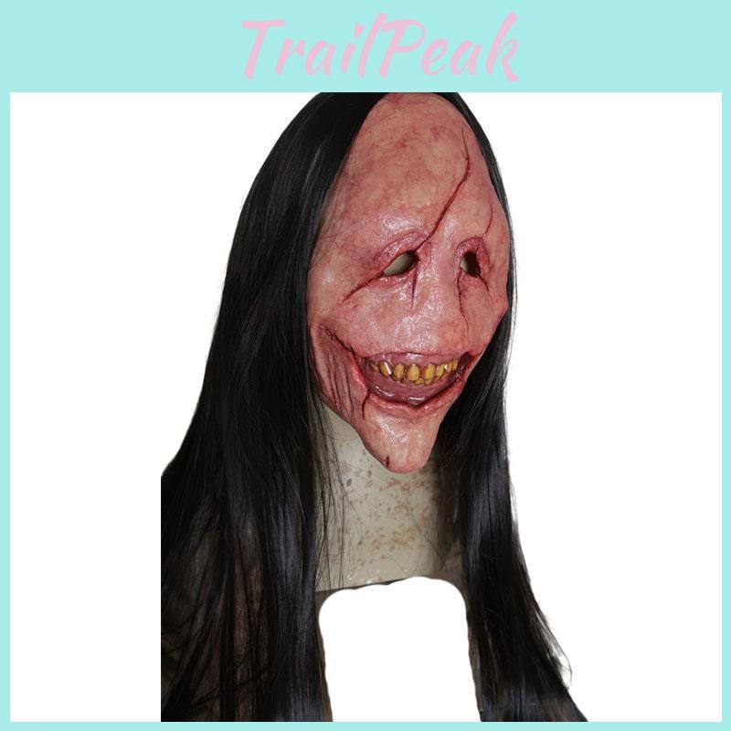Halloween Horror Demon Mask With Long Hair Red-faced Devil Mask With Exposed Teeth
