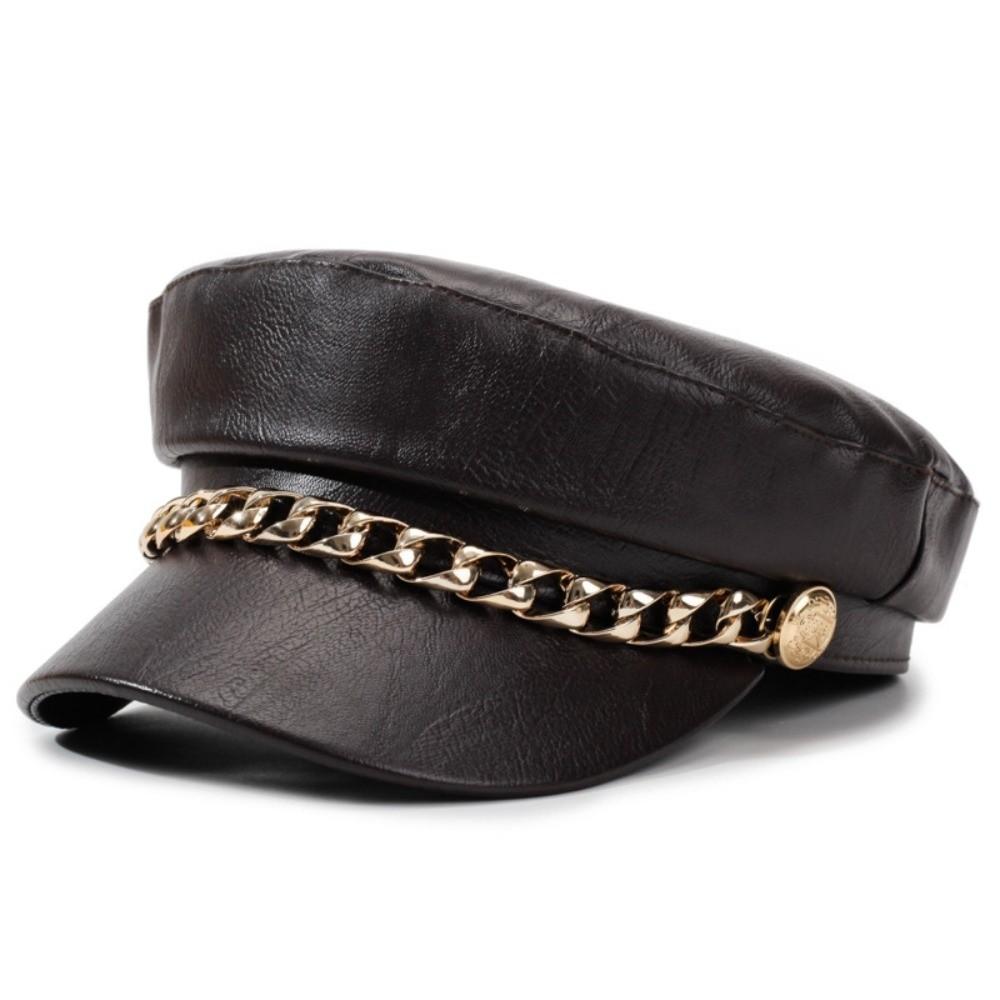 Metal Chain Decor Newsboy Cap PU Leather Flat Top Cap Stylish Baker Boy Cap For Women