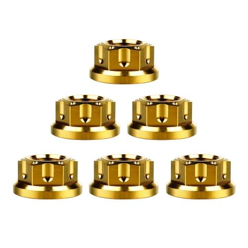 Ruifu Titanium Alloy Nuts, M6, M8, M10, M12, M14, M16, Colorful Rear and Front Shock Absorber Wheel Axle Nuts for Yamaha Scooters, Pack of 6 (M6, Gold