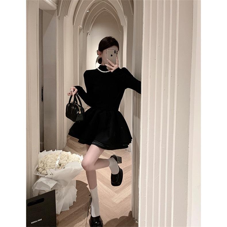 French small fragrant style long-sleeved dress women's black Hepburn style daughter gold small black dress thin a word short skirt fluffy skirt