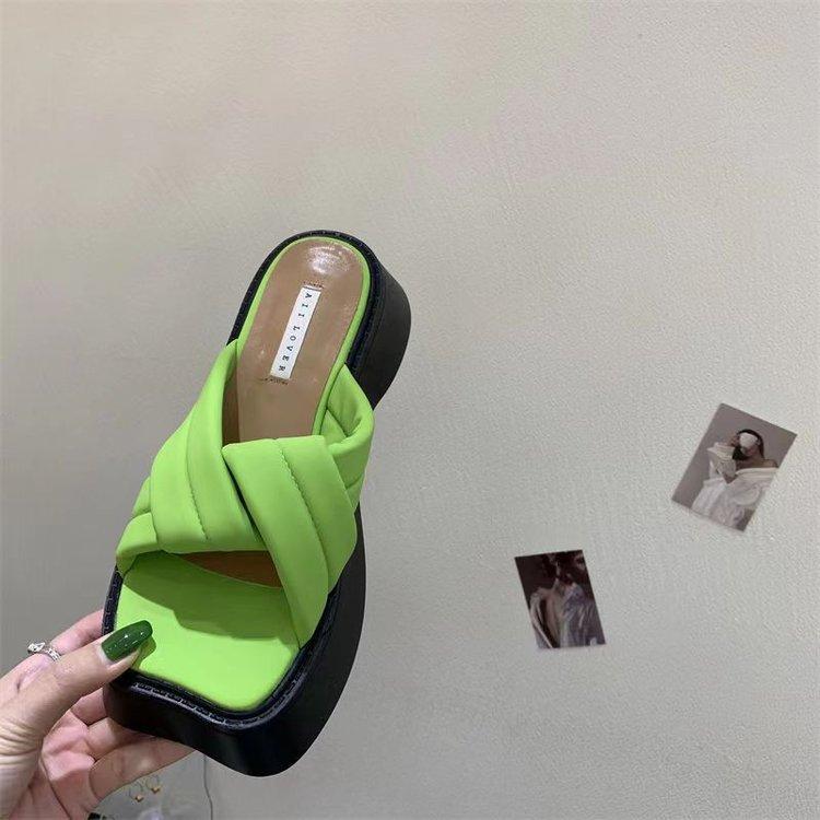 Fashion Thick Soled Slippers for Women Summer Chain Denim Chunky Heel Fashion Cross Slides Open Toe Outdoor Beach Woman Walking Slides