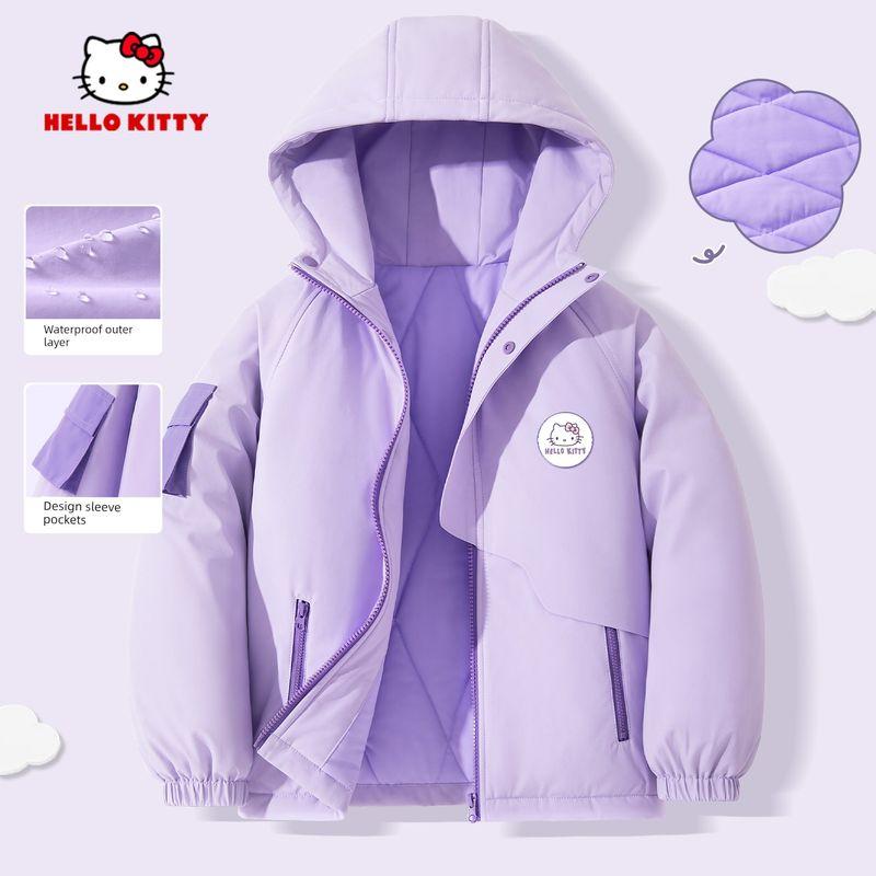 Hellokitty Girls  Fleece-Lined Jacket Autumn and Winter 2025 New Children s Cotton Coat Hooded Girl s Clothing Soft Purple 150