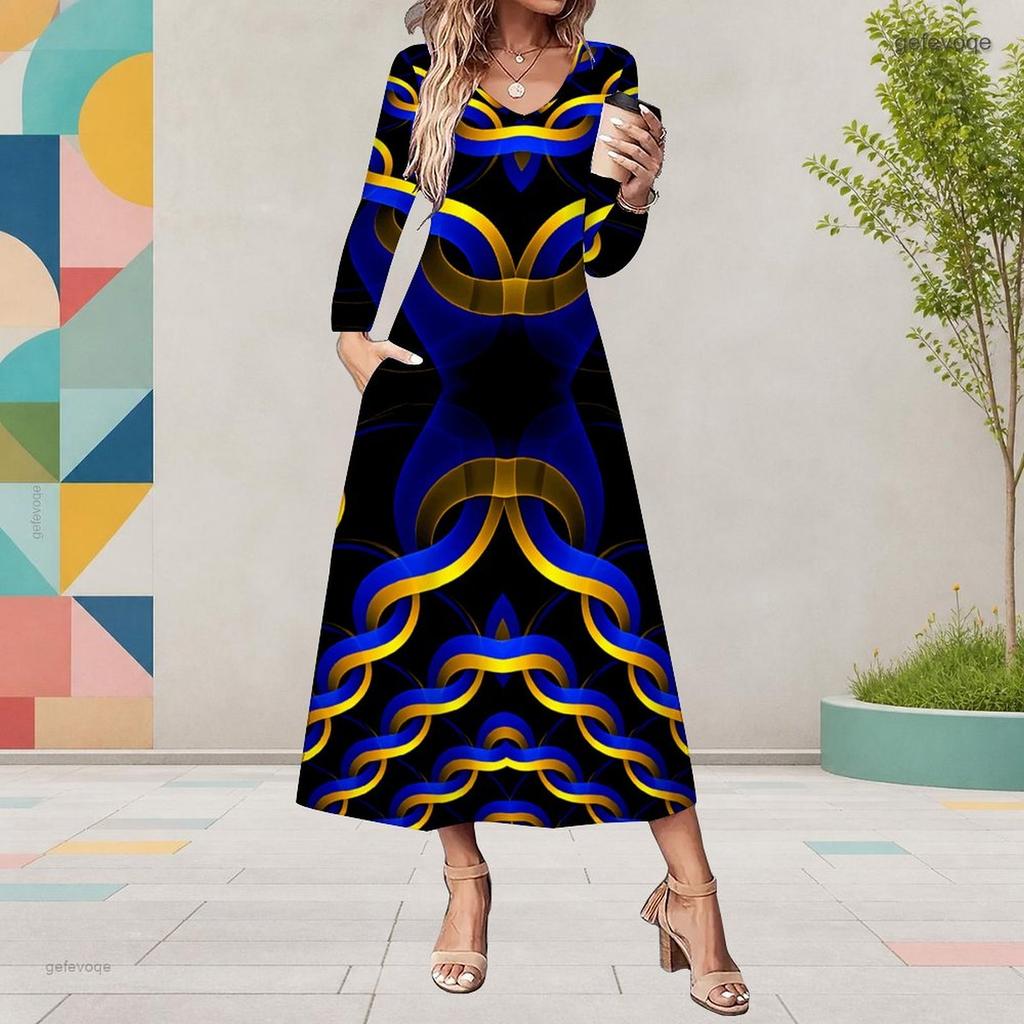 Women Plus Size V Neck Long Sleeve Leopard Print Pockets A Line Midi Dress