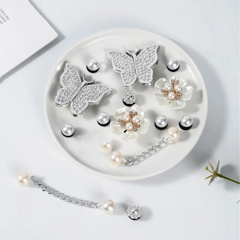 

Women s Clog DIY Decoration Crystal Silver Butterfly Shoe Charm Sets Metal Chain Pearl Flower Sandal Removable Shoe Accessories