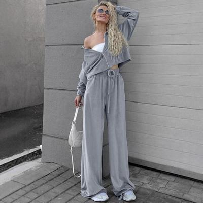 Elegantné zamatové súpravy dlhých nohavíc pre ženy, klopový kabát na zips s dlhým rukávom, šnurovacie široké nohavice, dámske súpravy, jesenné dámske outfity