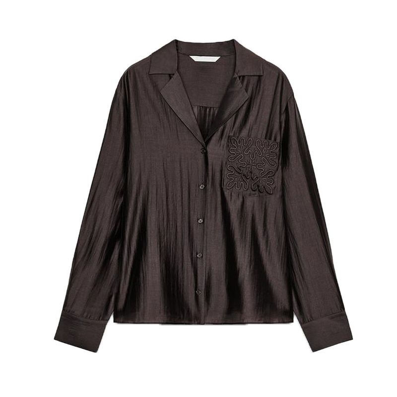 

Autumn New Women s Clothing Minimalist Embroider Pocket Lapel Shirt Tops 4786079 4786179 Brown L