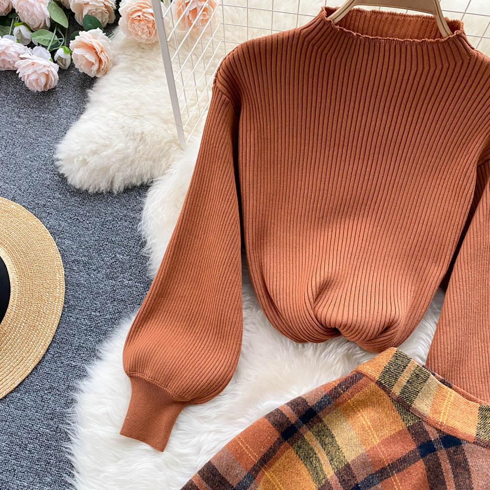 Dámske jeseň zima nová móda pletený sveter s dlhým rukávom topy kockované vlnené sukne dvojdielne súpravy