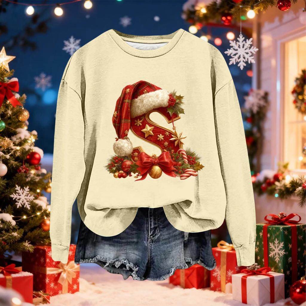Women's Fashionable Casual Long-Sleeved Christmas Letter Print Crew-Neck Sweatshirt