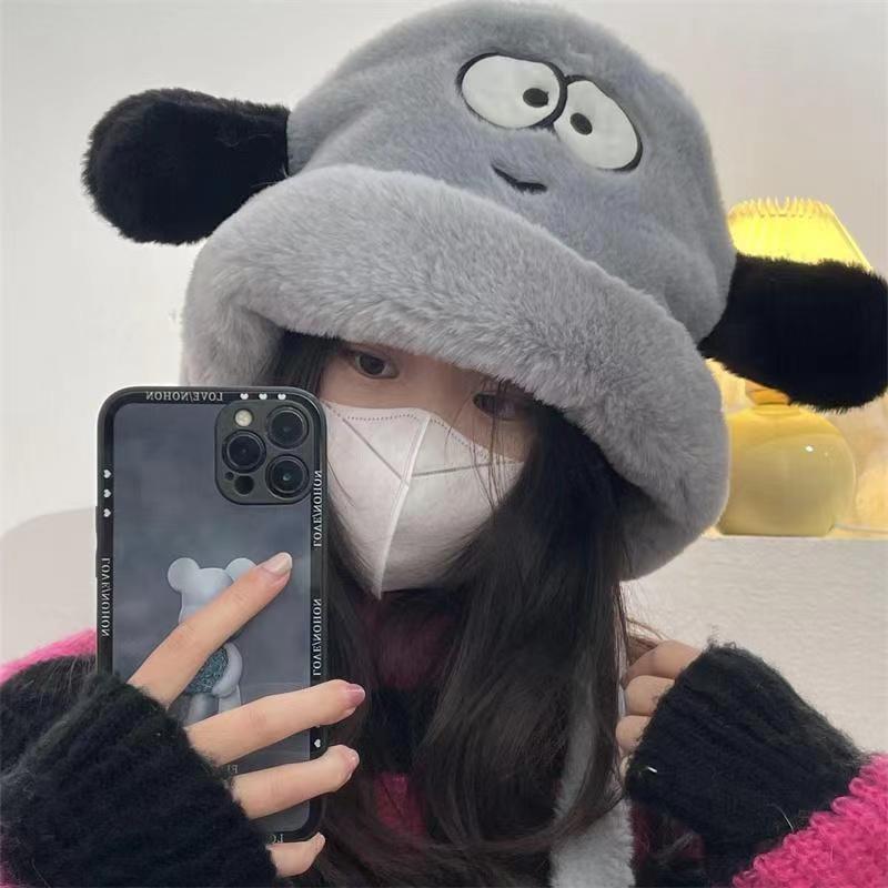 Hat Autumn and Winter Female Thermal Hat Ear Protector Plush Hat Versatile Thickened Cycling Puppy Big Head Circumference Cold Protection