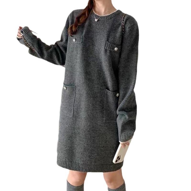 Crew neck false pocket design loose medium and long knitted dress autumn and winter new sweater skirt