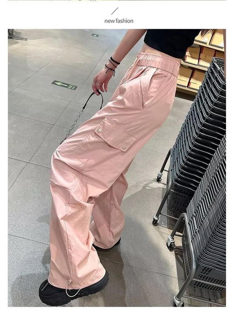 Women's White Ice Silk High-Waist Wide-Leg Cargo Pants - Summer 2025, Slimming, Quick-Dry Style