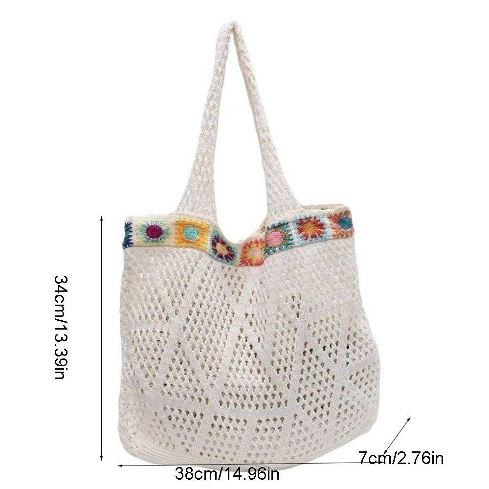 Fashion Flower Knitting Shoulder Bag Large Capacity Hollow Crochet Tote Bag Solid Color Shopping Bag Woven Handbag Female