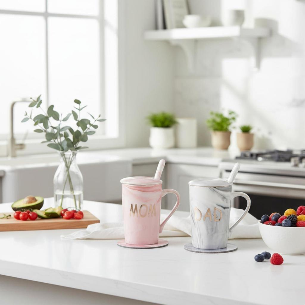 Cană de cafea, Cadouri de căsătorie pentru nuntă, Cadou pentru cuplu, Cadouri de Crăciun, Set de 2 căni de cafea pentru Mamă și Tată, Capace, Lingurițe ceramice, Coșuri