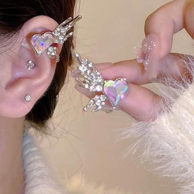 Heart Wing Ear Clip Earrings for Women Girl Rhinestone Angel Elf Earbone Clip No Piercing Clip Adjustable Fashion Jewelry Gift