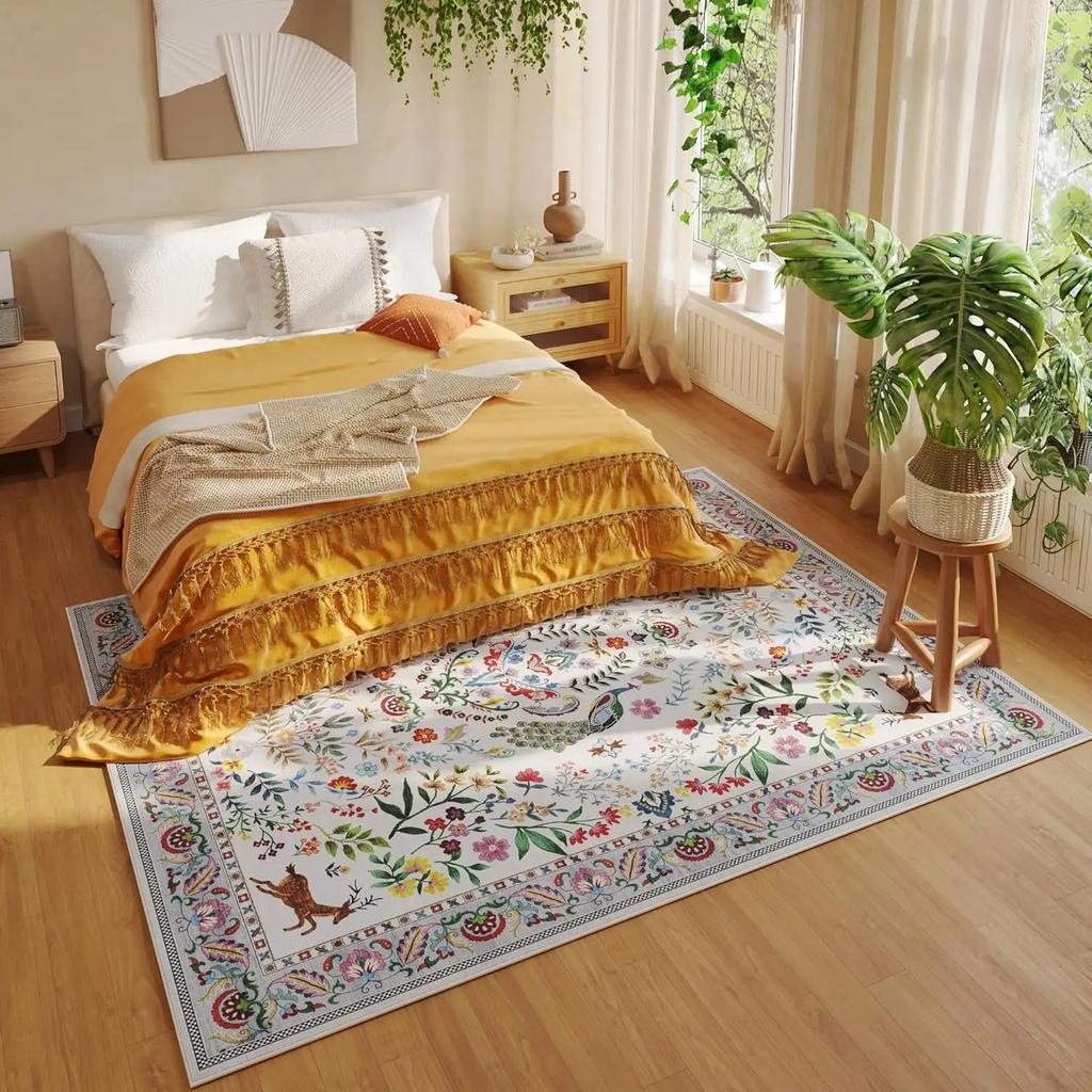 Vikama Machine Washable Area Rug Floral Office Non Slip Small Carpet For Bedroom Bedside Kitchen Entryway Kids Room Office Decor