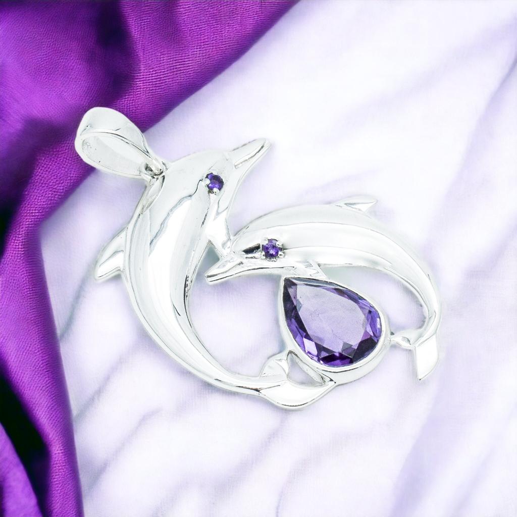 Amethyst Dolphin Pendant: Sterling Silver Necklace, Dainty Gemstone Jewelry