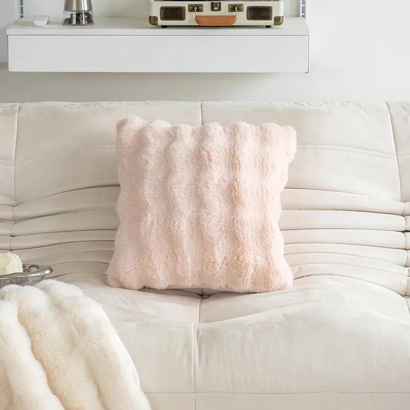 B032 Imitation Rabbit Hair Bubble Pile Pillow Autumn and Winter Solid Color Plush Living Room Sofa Cushion Pillow Cover