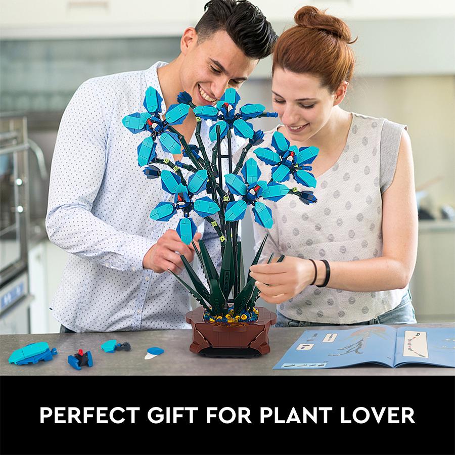 1097PCS Blue Orchid Potted Building Blocks MOC Bricks Toys DIY Plastic Bonsai Artificial Flowers for Home Decor Gift Set