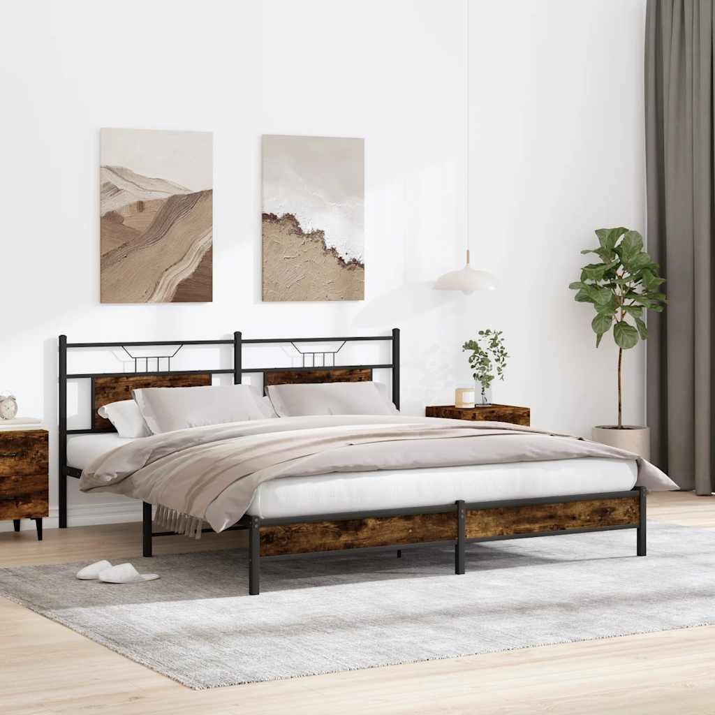 Bed Frame Without Mattress Smoked Oak Finish 183 X 203 Cm Engineered Wood