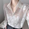 Women Shirt Lapel Long Sleeve See-through Flower Pattern Shirt Tops Single Breasted Thin Sun Protection Casual Shirt