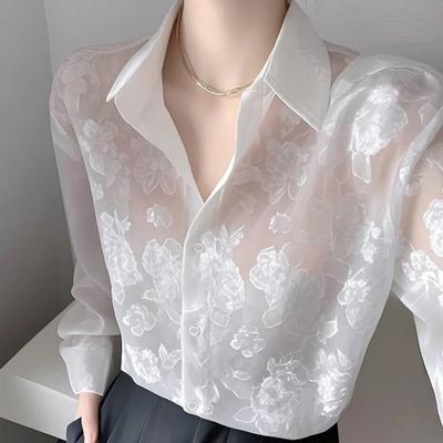 Women Shirt Lapel Long Sleeve See-through Flower Pattern Shirt Tops Single Breasted Thin Sun Protection Casual Shirt
