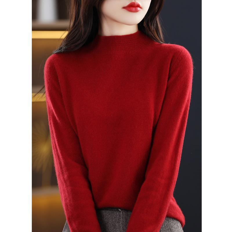Women's Cashmere Sweater - Autumn/Winter, Solid Color, Loose Pullover, Half-High Collar, Korean Style, Long Sleeve Knit Wool Base Layer.