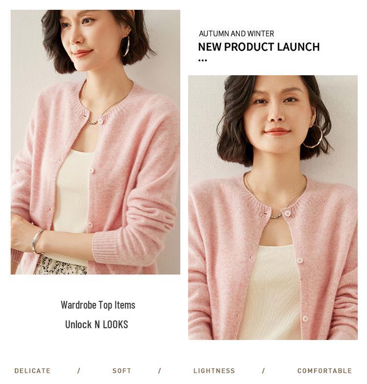 Women's Cashmere Round Neck Cardigan - Autumn/Winter Slim Fit Knitted Sweater, Solid Color, Versatile Outerwear