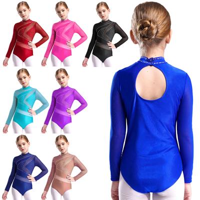 Costume de gymnastique et de patinage artistique pour filles Maille Manches longues Découpe dans le dos Scintillant Strass Combinaison