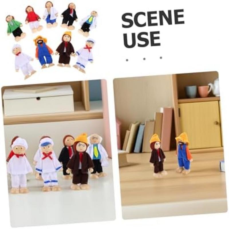 9-Piece Wooden Dollhouse Set with Movable Mini Wooden Figures in Fabric Clothing Includes Doctor Builder Chef Educational Imaginative Role Play Toy
