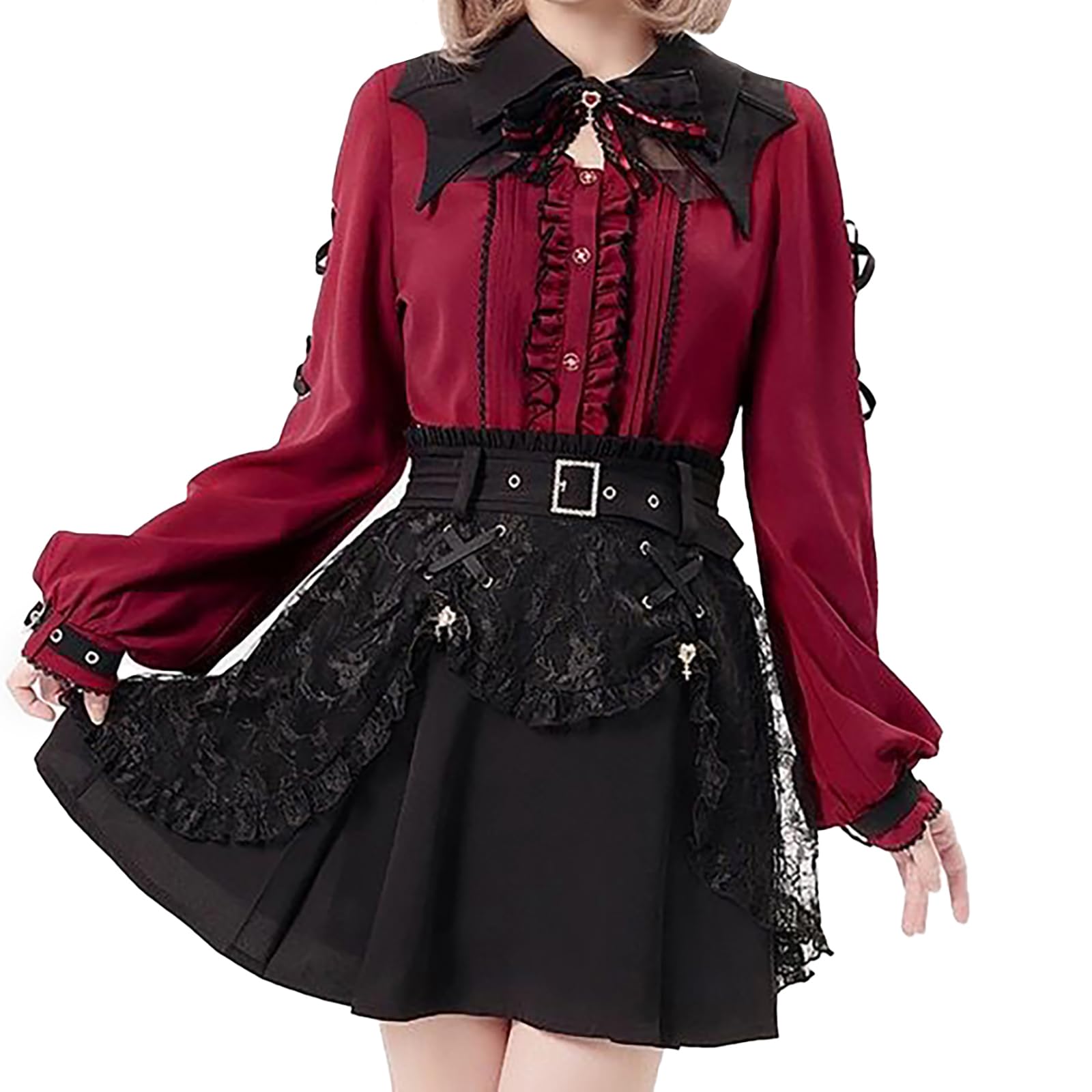 

XHSUKADO Длинная съемная лента и оборки Готический Ями Студенческий размер S Женская блузка на шнуровке, Рукав, Весна/Осень, Брошь, Кружево, Стиль, Каваи,