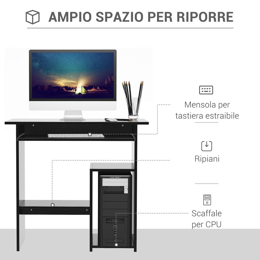 Modern PC Desk In Wood with CPU Shelf and Pull-Out Keyboard Space, 80x45x75 Cm, Black