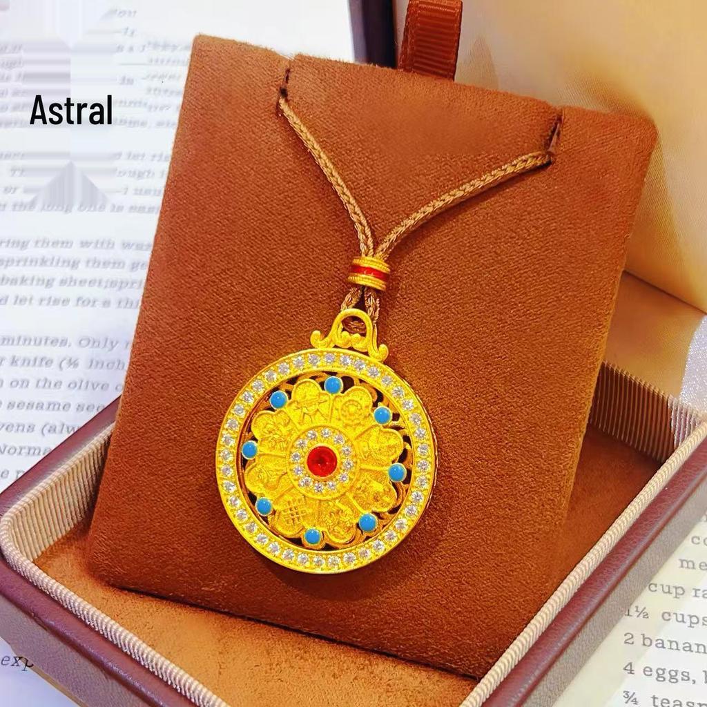 Rotatable Eight Treasures Compass Pendant Necklace: Sand Gold, Enamel Green & Turquoise for Women - Ideal Gift for Girlfriend