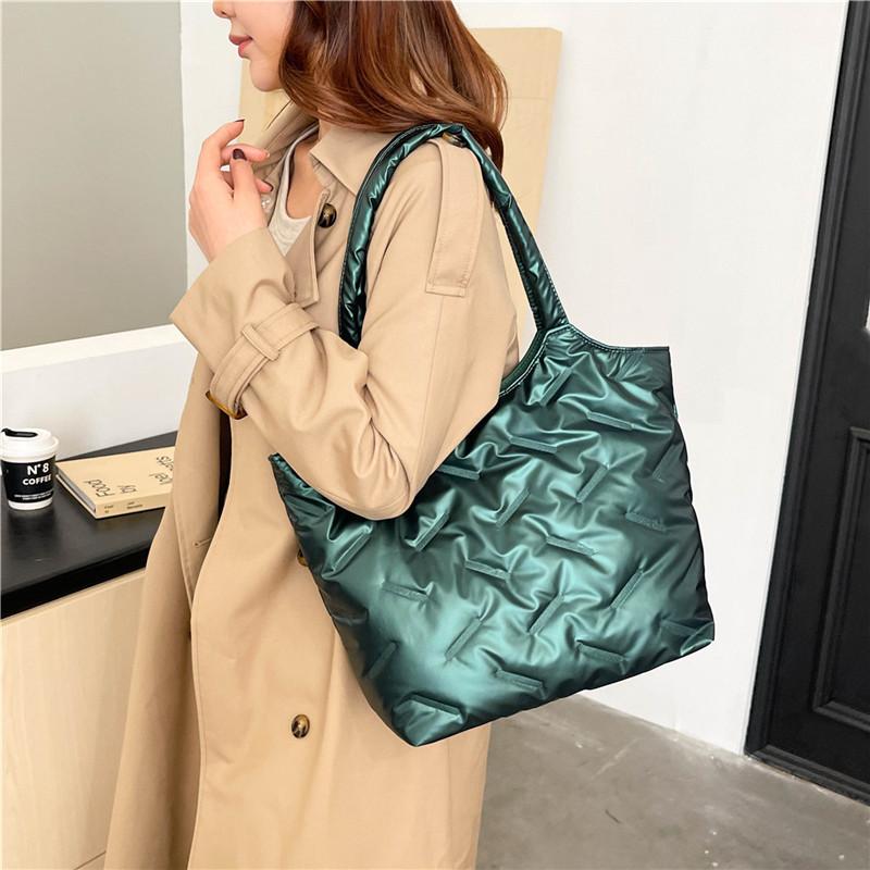 Stylish Women's Winter Tote Bag Large Capacity Fashionable Shoulder Handbag Black Silver Green Gold White