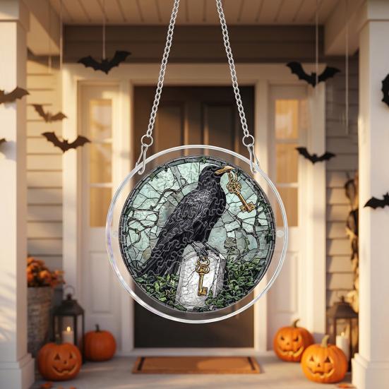 yangyizhi Halloween Scary Bat Pumpkin Acrylic Jigsaw Puzzle Suncatcher, Stained Glass Style Window Hanging Decor for Home, Garden, Gift Family Friends