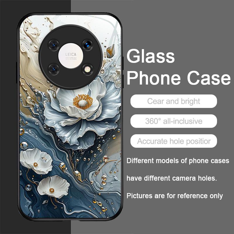 Elegant Lotus Artistic Flower Pattern Tempered Glass Phone Case for Huawei Nova 13 12 SE 11 10 Pro Mate 40 30 P60 P40 5G Covers