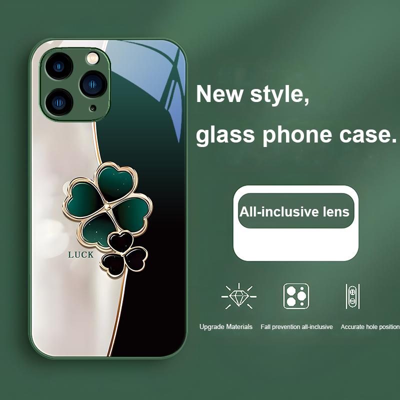 Four leaf clover deep purple grey for Iphone 15 14 13 12 11 Pro Max X XS XR 7 8 Plus 2020 2022 SE Tempered glass phone case