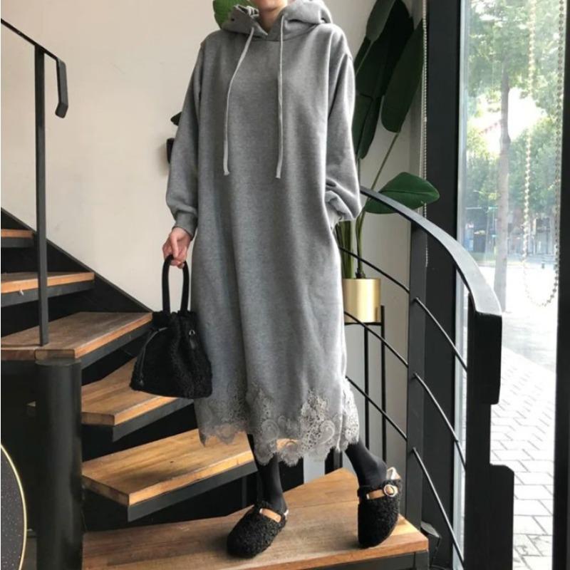 BITCED Kadın Moda Günlük Düz Renk Baskılı Sonbahar Kış Uzun Kollu Kapüşonlu Elbise