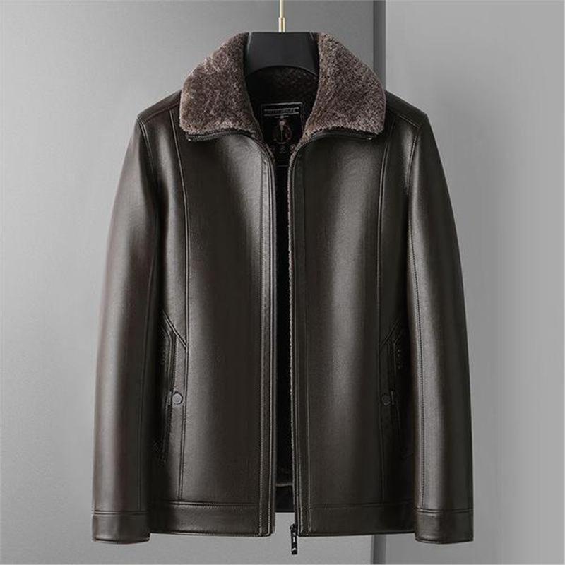 New fur integrated men's leather jacket lapel thickened and thickened large size leather jacket casual dad leather jacket
