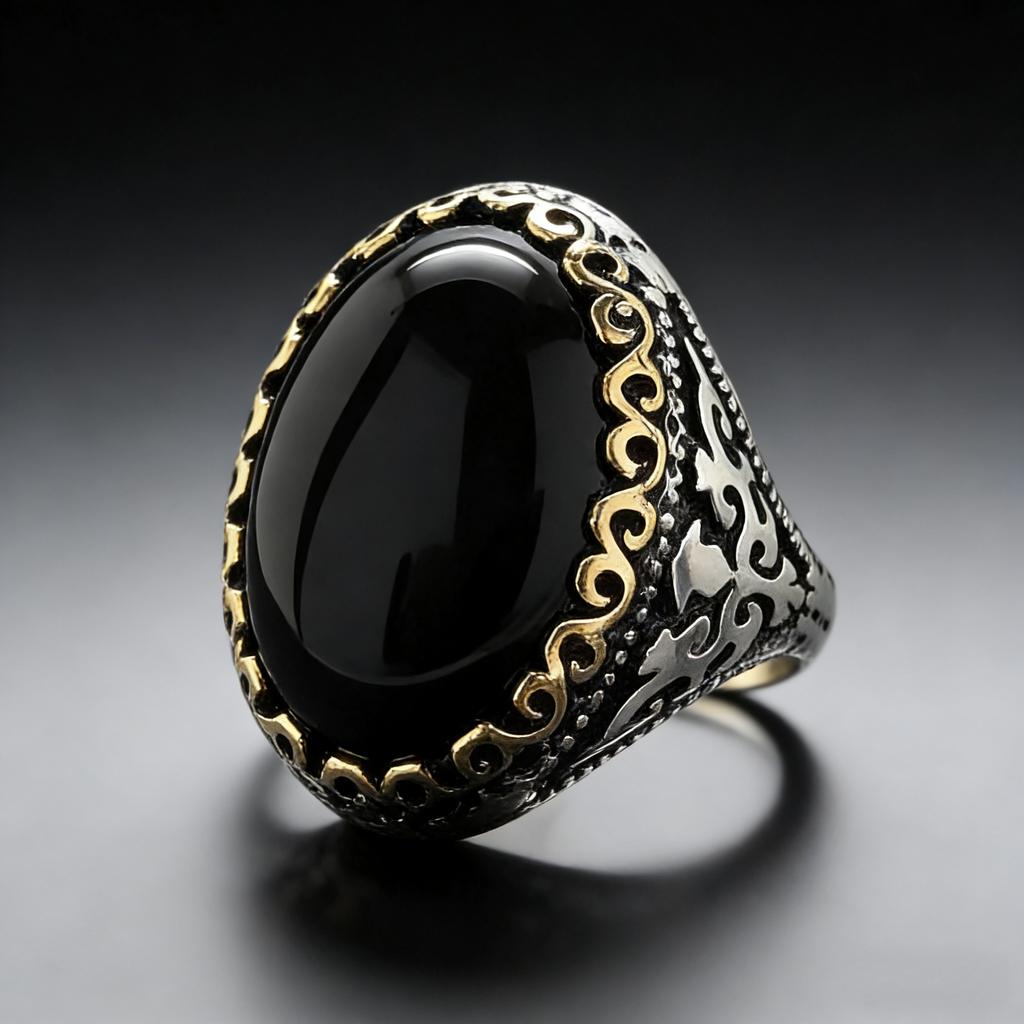 Vintage Men‘s Obsidian Signet Ring, 13x18mm Black Gemstone Set In Antiqued Silver, Masonic Style Bold Jewelry for Him