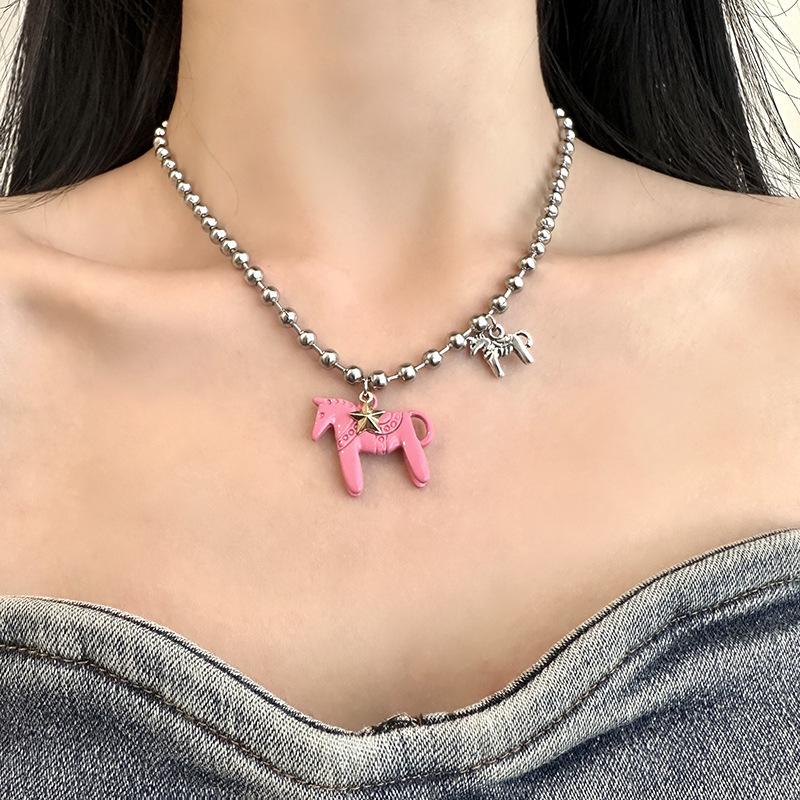 New Funny Enamel Colt Horse Pendant Necklaces For Women Silver Plated Alloy Beads Chain Chokers Jewelry Gift