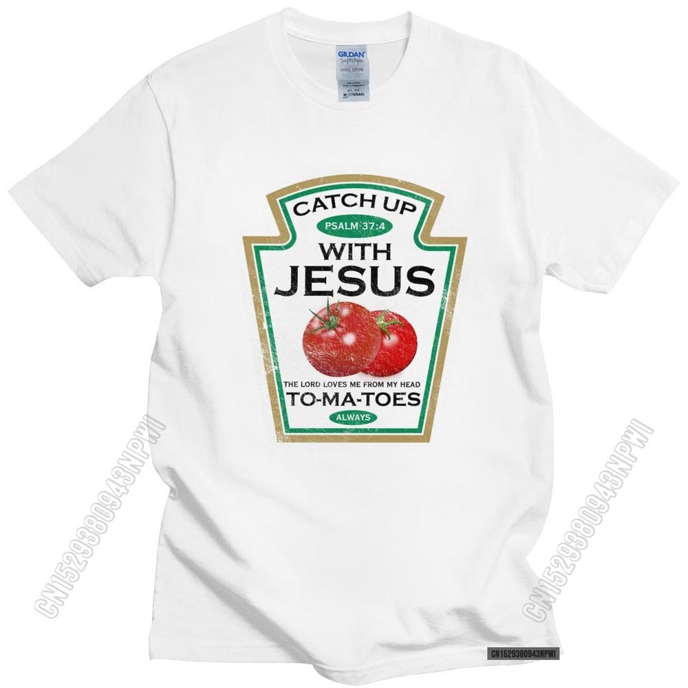 Lustiges Catch Up With Jesus T-Shirt Herren Vintage Vegan Tomaten T-Shirt Christliches Geschenk Veganismus O-Ausschnitt Baumwoll-T-Shirt Merchandise