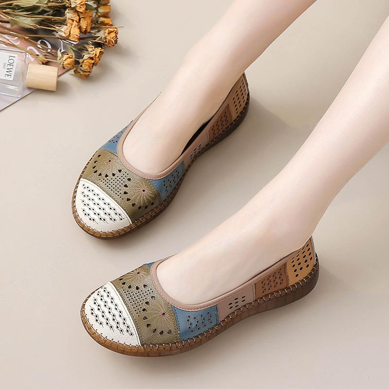 Fashion New Genuine Leather Ballet Flats Women's Summer Breathable Shoes Slip On Hollowed Nurse Loafers Woman Vintage Driving Moccasins