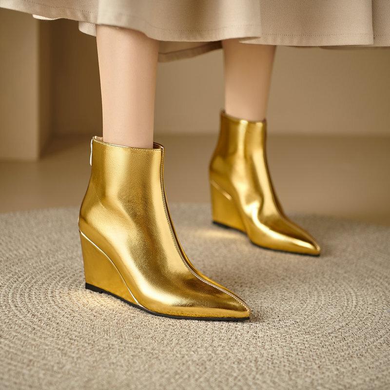 Women's Short Boots Wedge Heel Short Boots Gold Silver Pointed Fashion Boots Thick-soled High-heeled Thin Boots Simple Short Boots
