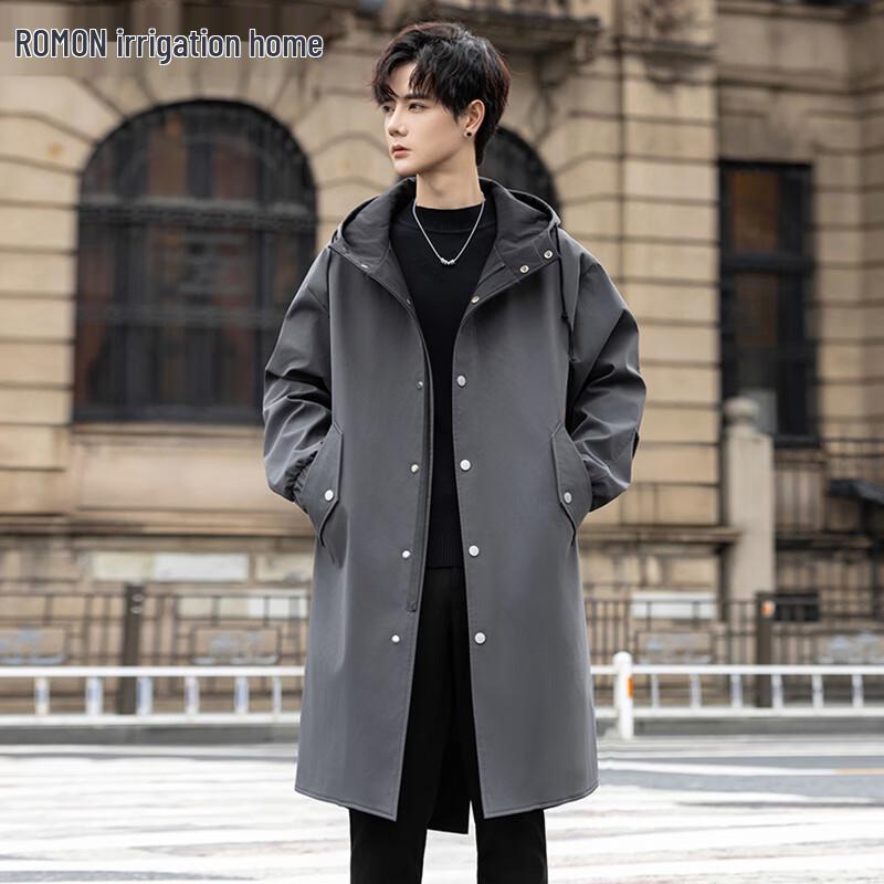 ROMON Men's Mid-Length Hooded Trench Coat